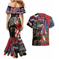 Hawaii and United States Memorial Day Couples Matching Mermaid Dress and Hawaiian Shirt Honor and Remember The Fallen