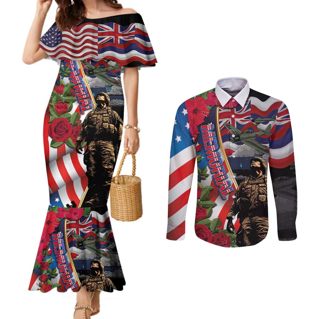 Hawaii and United States Memorial Day Couples Matching Mermaid Dress and Long Sleeve Button Shirt Honor and Remember The Fallen LT03 Blue - Polynesian Pride