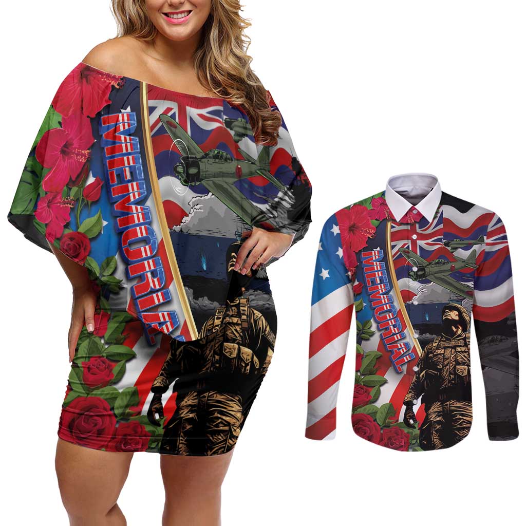 Hawaii and United States Memorial Day Couples Matching Off Shoulder Short Dress and Long Sleeve Button Shirt Honor and Remember The Fallen LT03 Blue - Polynesian Pride