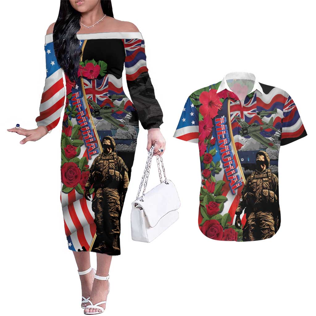Hawaii and United States Memorial Day Couples Matching Off The Shoulder Long Sleeve Dress and Hawaiian Shirt Honor and Remember The Fallen LT03 Blue - Polynesian Pride