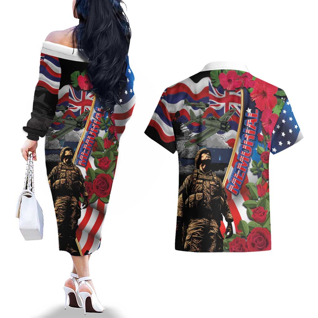 Hawaii and United States Memorial Day Couples Matching Off The Shoulder Long Sleeve Dress and Hawaiian Shirt Honor and Remember The Fallen