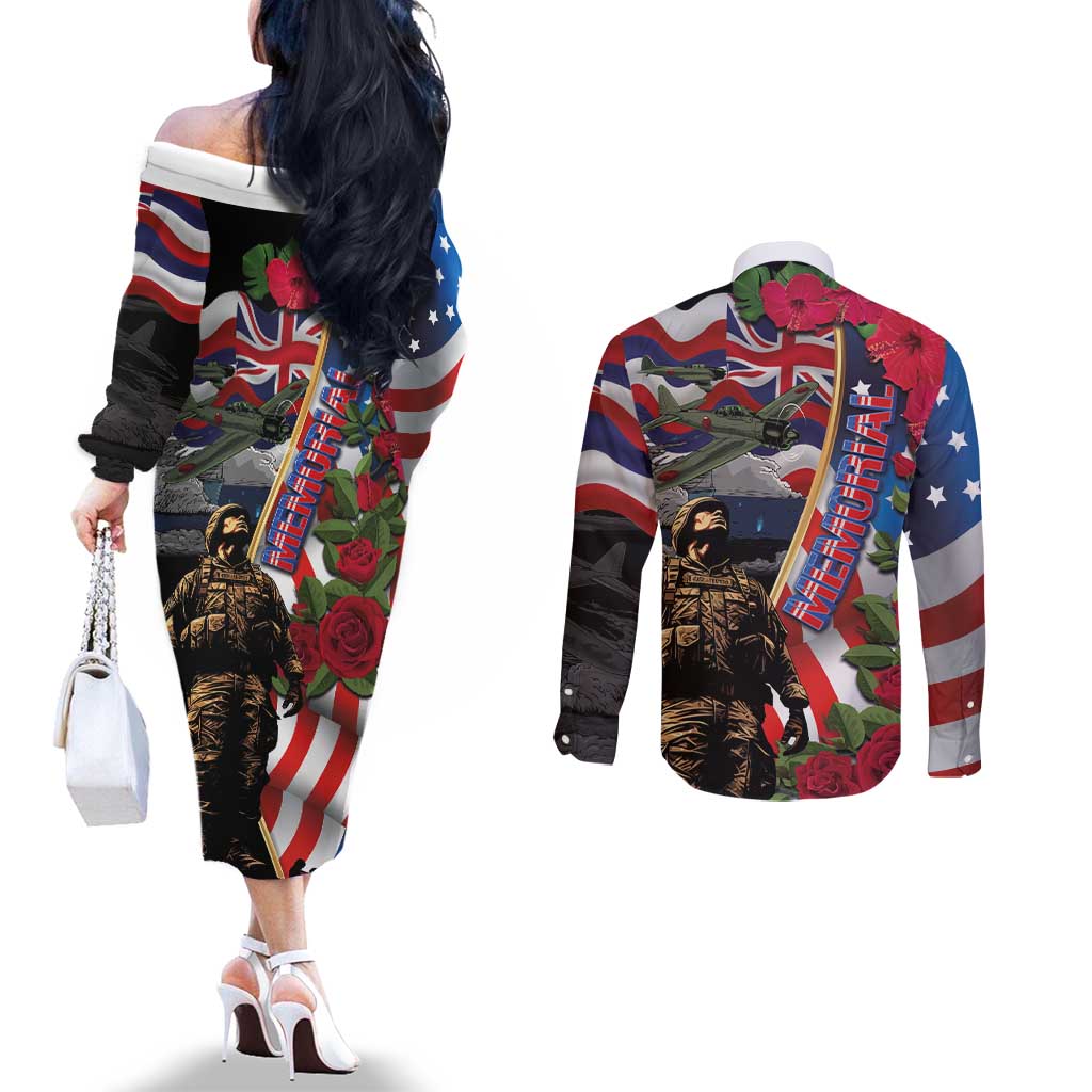 Hawaii and United States Memorial Day Couples Matching Off The Shoulder Long Sleeve Dress and Long Sleeve Button Shirt Honor and Remember The Fallen