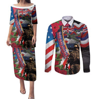 Hawaii and United States Memorial Day Couples Matching Puletasi and Long Sleeve Button Shirt Honor and Remember The Fallen LT03 Blue - Polynesian Pride