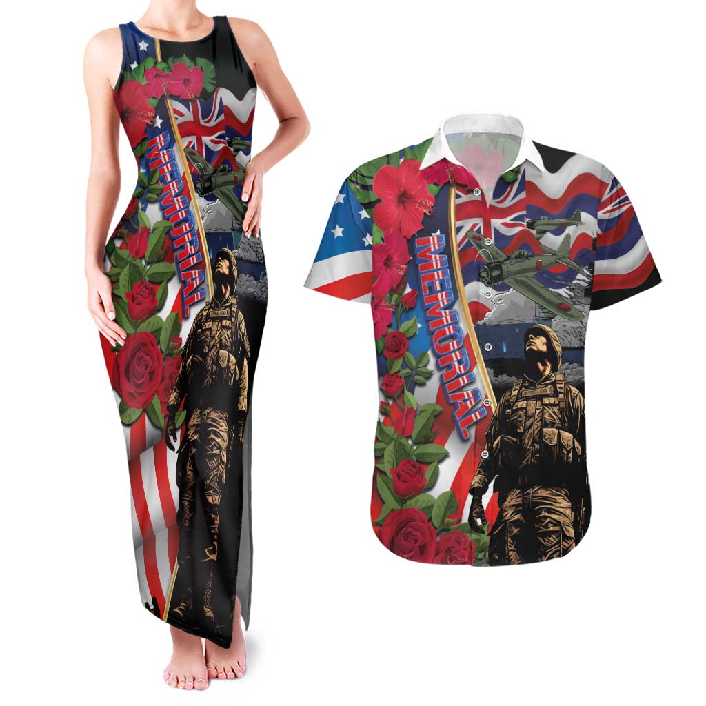 Hawaii and United States Memorial Day Couples Matching Tank Maxi Dress and Hawaiian Shirt Honor and Remember The Fallen LT03 Blue - Polynesian Pride
