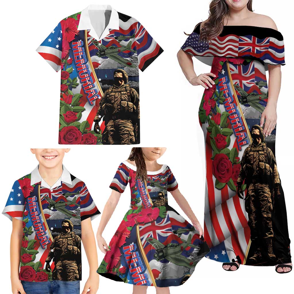 Hawaii and United States Memorial Day Family Matching Off Shoulder Maxi Dress and Hawaiian Shirt Honor and Remember The Fallen