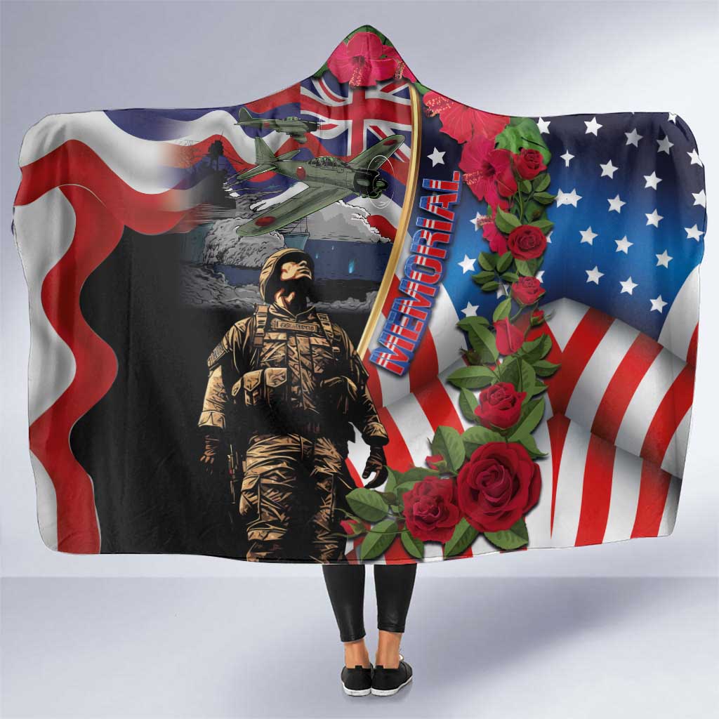 Hawaii and United States Memorial Day Hooded Blanket Honor and Remember The Fallen LT03 One Size Blue - Polynesian Pride