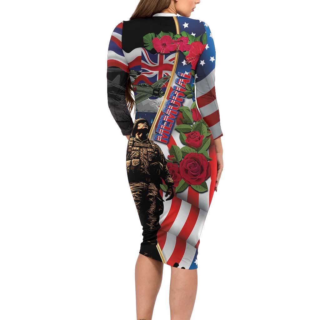 Hawaii and United States Memorial Day Long Sleeve Bodycon Dress Honor and Remember The Fallen