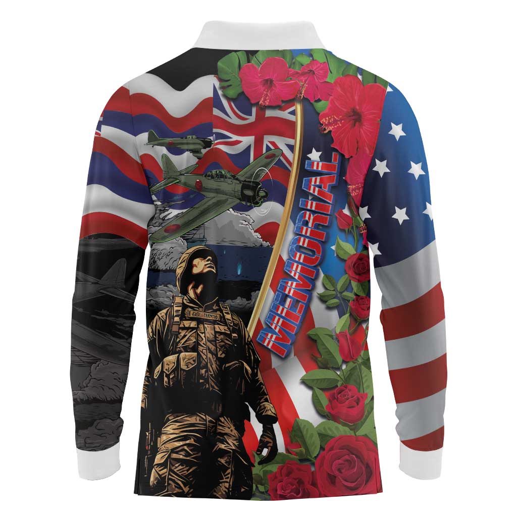Hawaii and United States Memorial Day Long Sleeve Polo Shirt Honor and Remember The Fallen