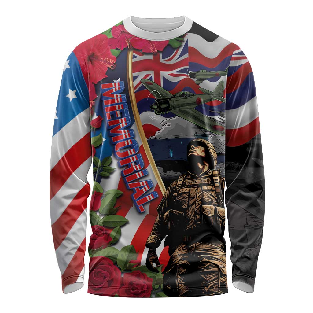 Hawaii and United States Memorial Day Long Sleeve Shirt Honor and Remember The Fallen LT03 Unisex Blue - Polynesian Pride