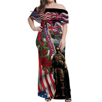 Hawaii and United States Memorial Day Off Shoulder Maxi Dress Honor and Remember The Fallen LT03 Women Blue - Polynesian Pride