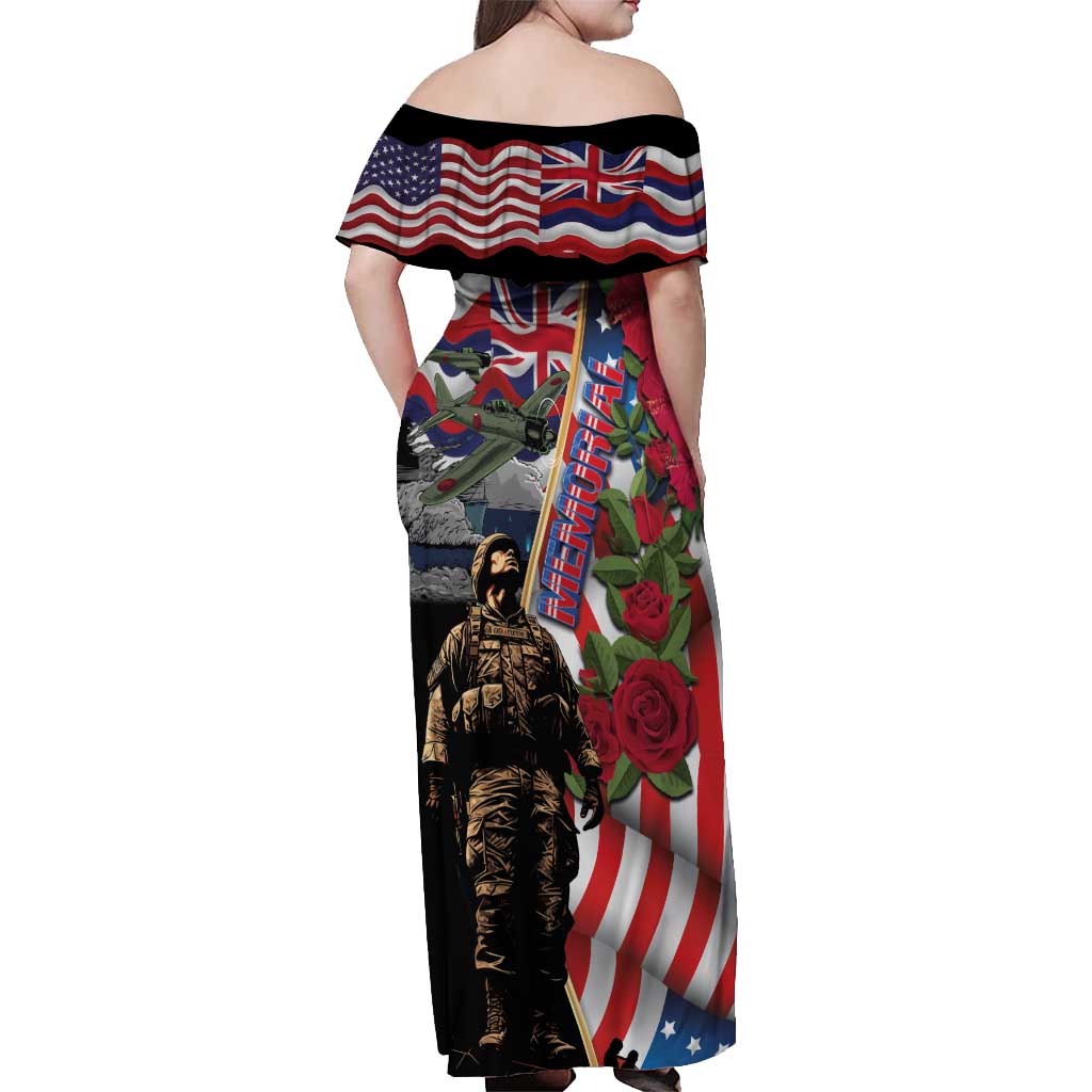 Hawaii and United States Memorial Day Off Shoulder Maxi Dress Honor and Remember The Fallen LT03 - Polynesian Pride