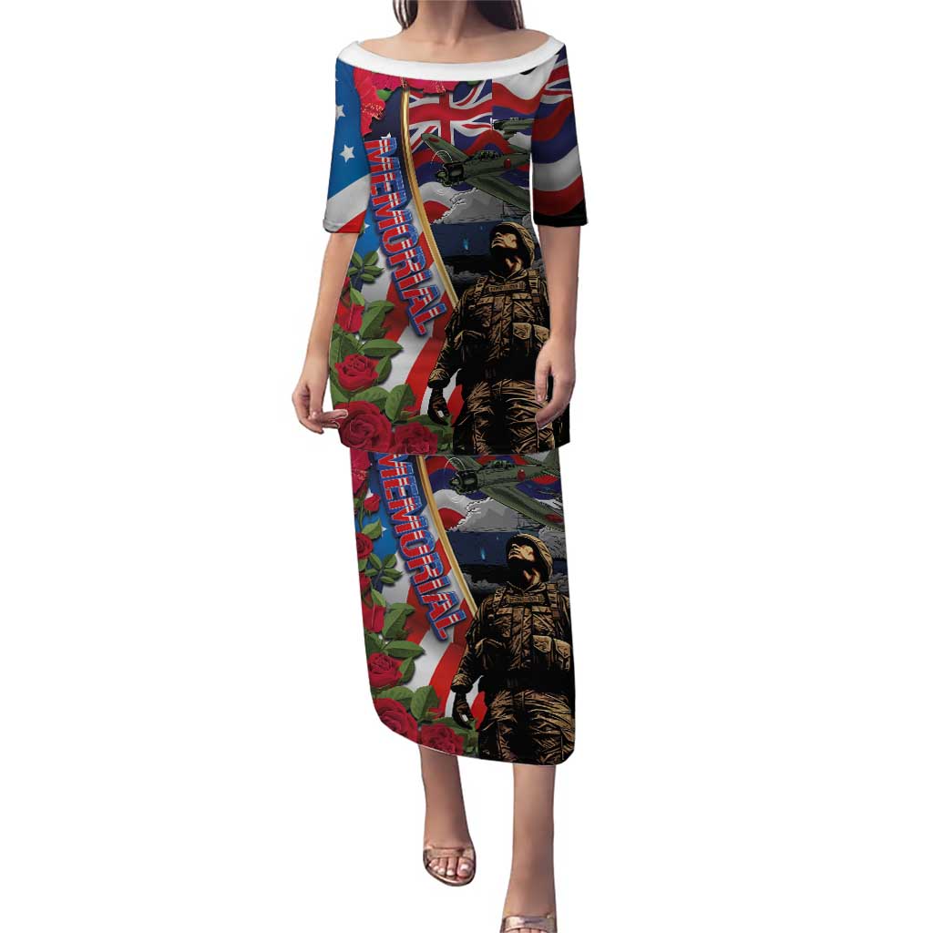 Hawaii and United States Memorial Day Puletasi Honor and Remember The Fallen LT03 Long Dress Blue - Polynesian Pride