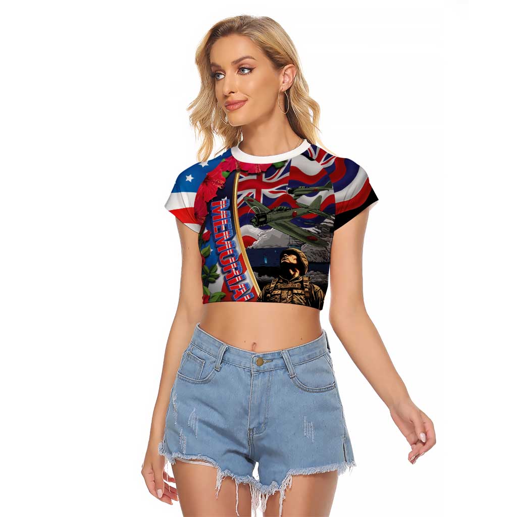 Hawaii and United States Memorial Day Raglan Cropped T Shirt Honor and Remember The Fallen LT03 Female Blue - Polynesian Pride