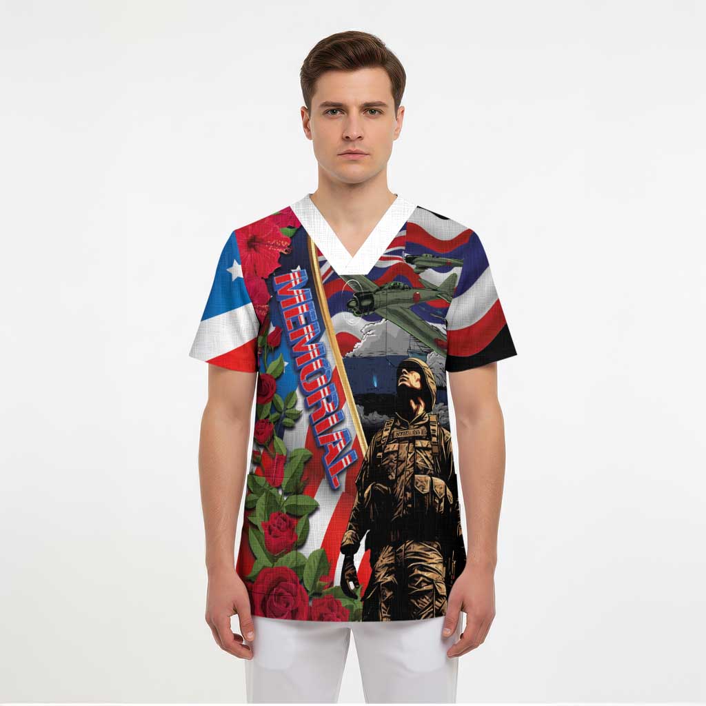 Hawaii and United States Memorial Day Scrub Top Honor and Remember The Fallen - Polynesian Pride