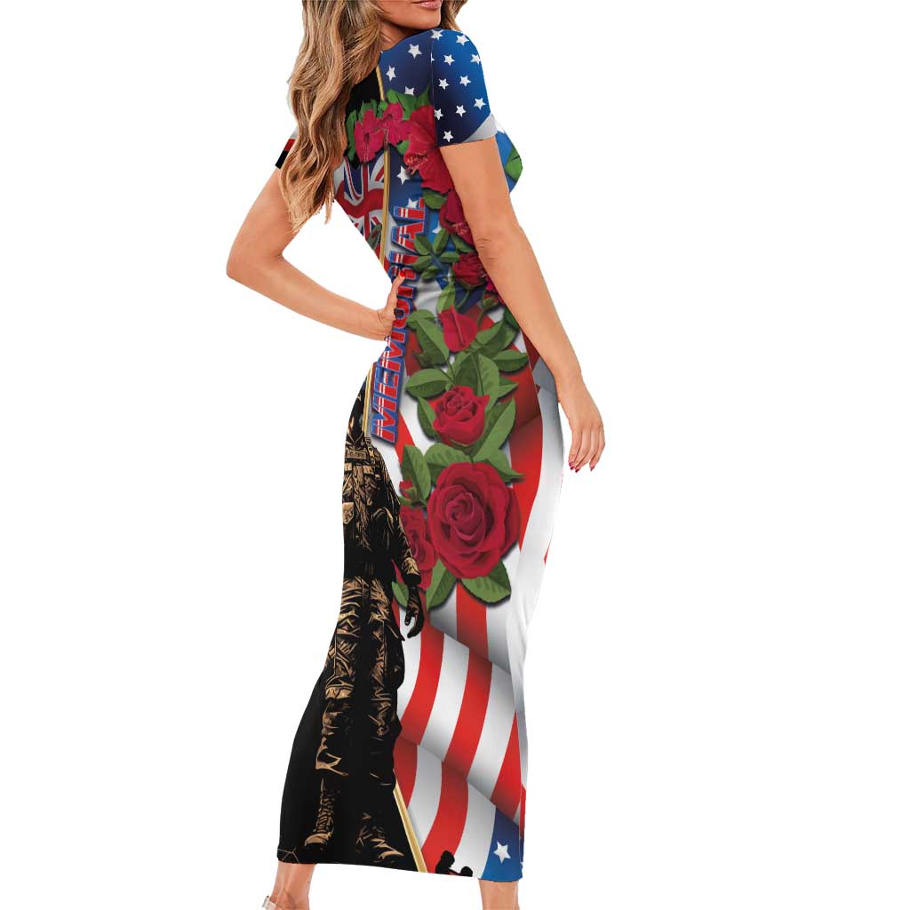 Hawaii and United States Memorial Day Short Sleeve Bodycon Dress Honor and Remember The Fallen