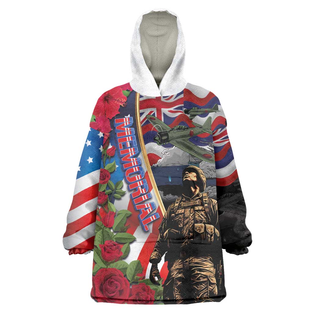 Hawaii and United States Memorial Day Wearable Blanket Hoodie Honor and Remember The Fallen LT03 One Size Blue - Polynesian Pride