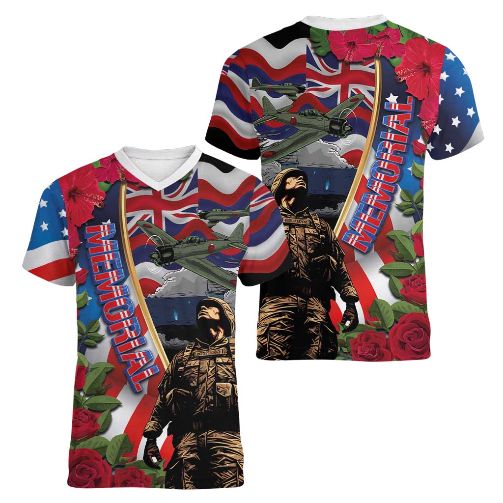 Hawaii and United States Memorial Day Women V-Neck T-Shirt Honor and Remember The Fallen LT03 - Polynesian Pride