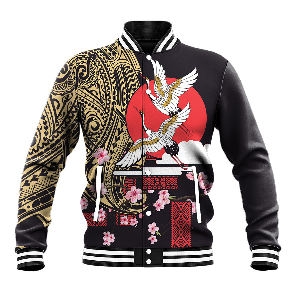 Japanese Culture and Hawaiian Tribal Baseball Jacket Sakura Blossom Tapa Pattern LT03 Unisex Black - Polynesian Pride