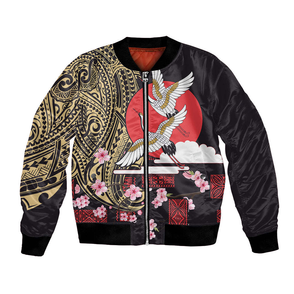 Japanese Culture and Hawaiian Tribal Bomber Jacket Sakura Blossom Tapa Pattern LT03 Unisex Black - Polynesian Pride