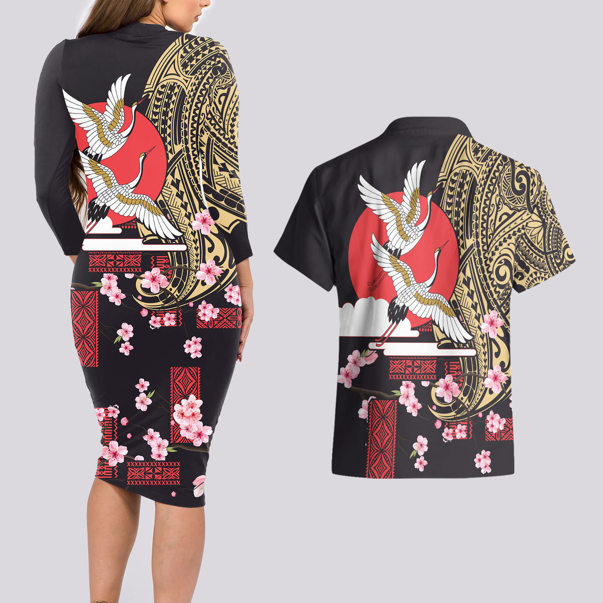Japanese Culture and Hawaiian Tribal Couples Matching Long Sleeve Bodycon Dress and Hawaiian Shirt Sakura Blossom Tapa Pattern