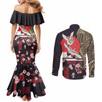 Japanese Culture and Hawaiian Tribal Couples Matching Mermaid Dress and Long Sleeve Button Shirt Sakura Blossom Tapa Pattern