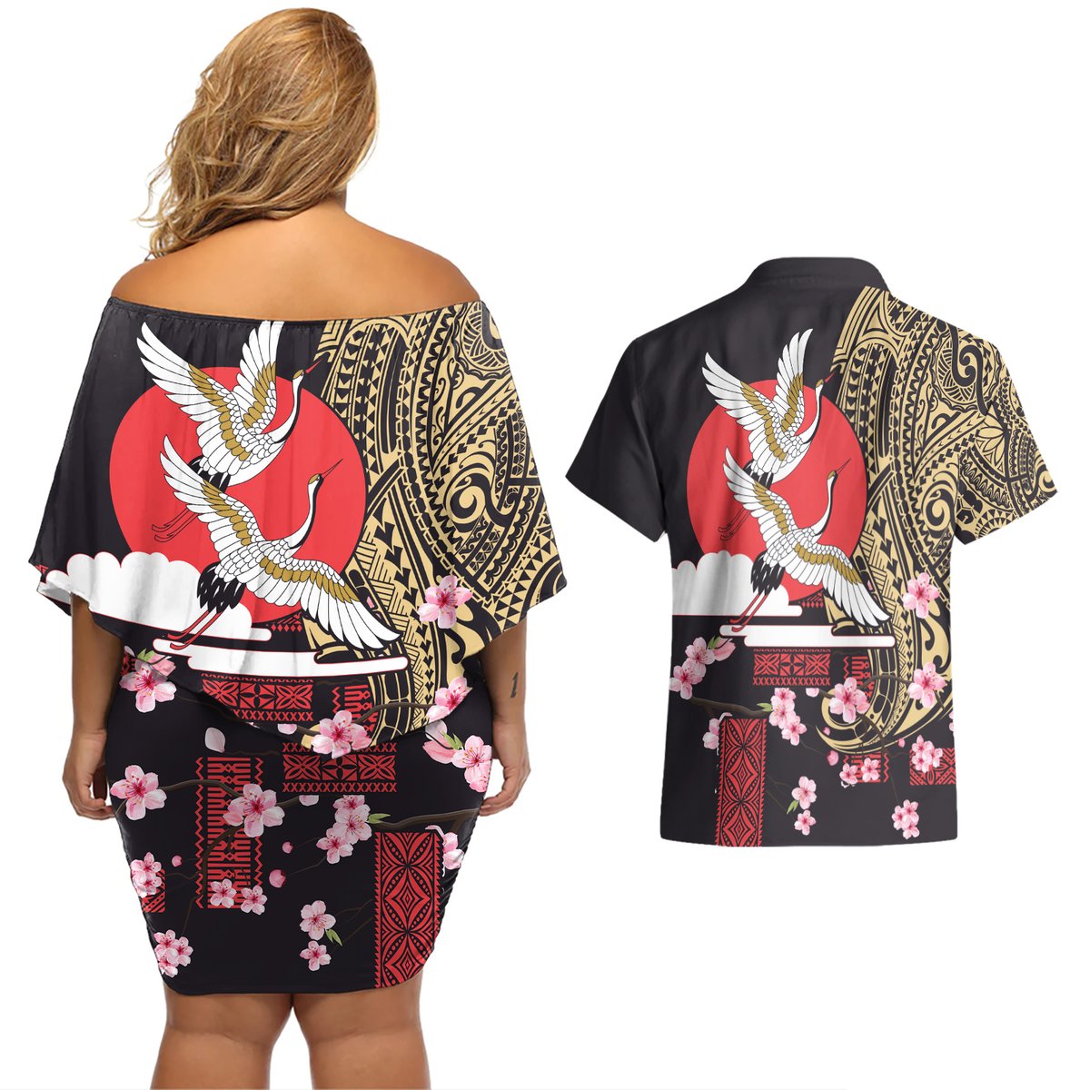 Japanese Culture and Hawaiian Tribal Couples Matching Off Shoulder Short Dress and Hawaiian Shirt Sakura Blossom Tapa Pattern