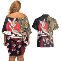 Japanese Culture and Hawaiian Tribal Couples Matching Off Shoulder Short Dress and Hawaiian Shirt Sakura Blossom Tapa Pattern
