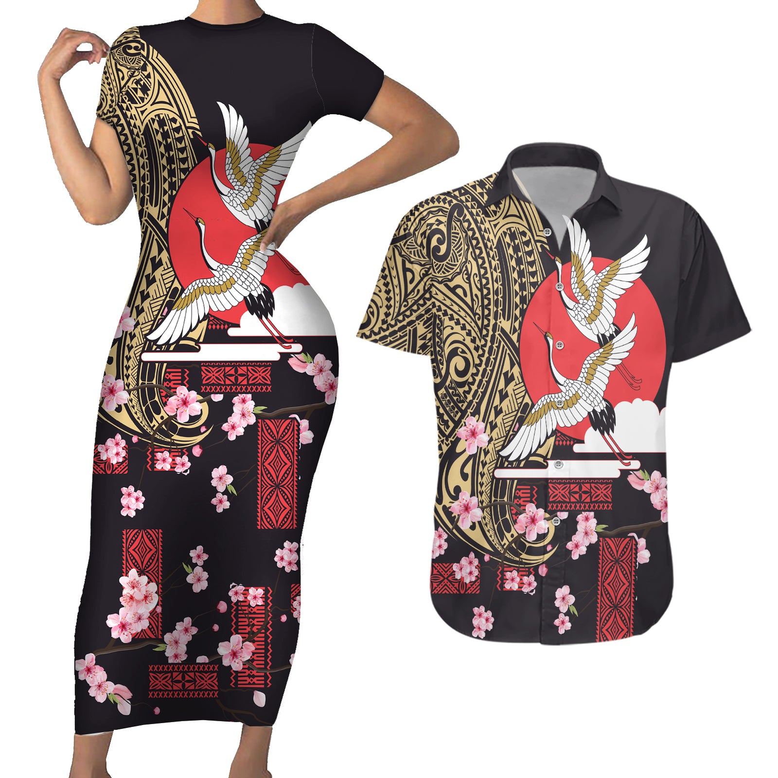 Japanese Culture and Hawaiian Tribal Couples Matching Short Sleeve Bodycon Dress and Hawaiian Shirt Sakura Blossom Tapa Pattern LT03 Black - Polynesian Pride