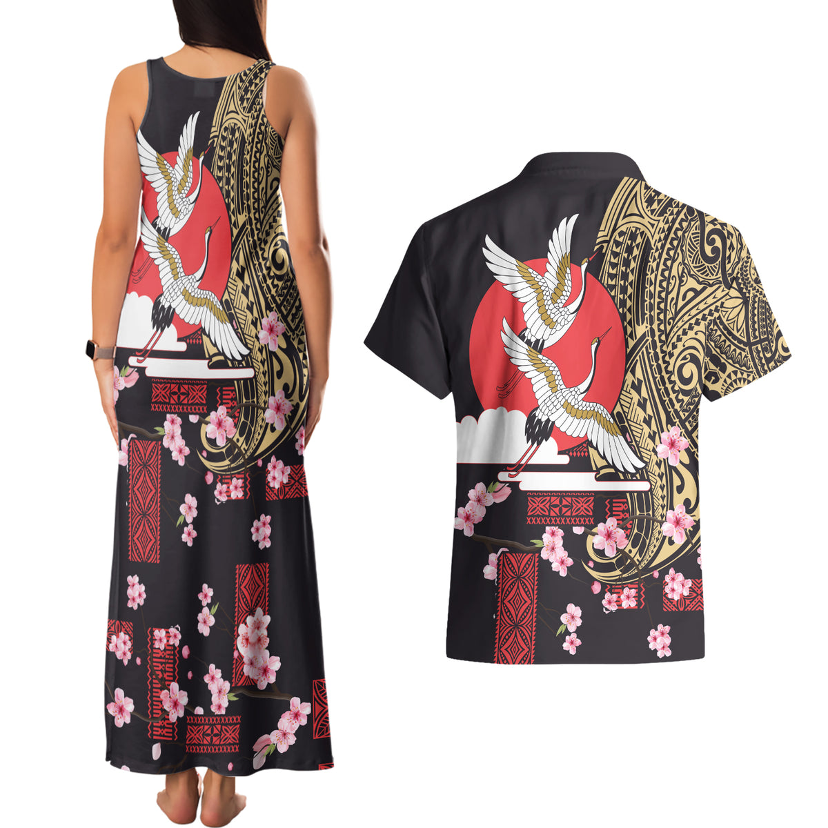 Japanese Culture and Hawaiian Tribal Couples Matching Tank Maxi Dress and Hawaiian Shirt Sakura Blossom Tapa Pattern