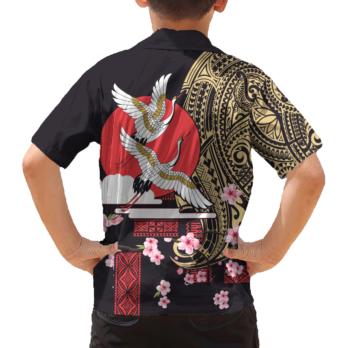 Japanese Culture and Hawaiian Tribal Family Matching Off The Shoulder Long Sleeve Dress and Hawaiian Shirt Sakura Blossom Tapa Pattern LT03 - Polynesian Pride