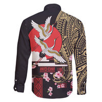 Japanese Culture and Hawaiian Tribal Family Matching Off The Shoulder Long Sleeve Dress and Hawaiian Shirt Sakura Blossom Tapa Pattern LT03 - Polynesian Pride