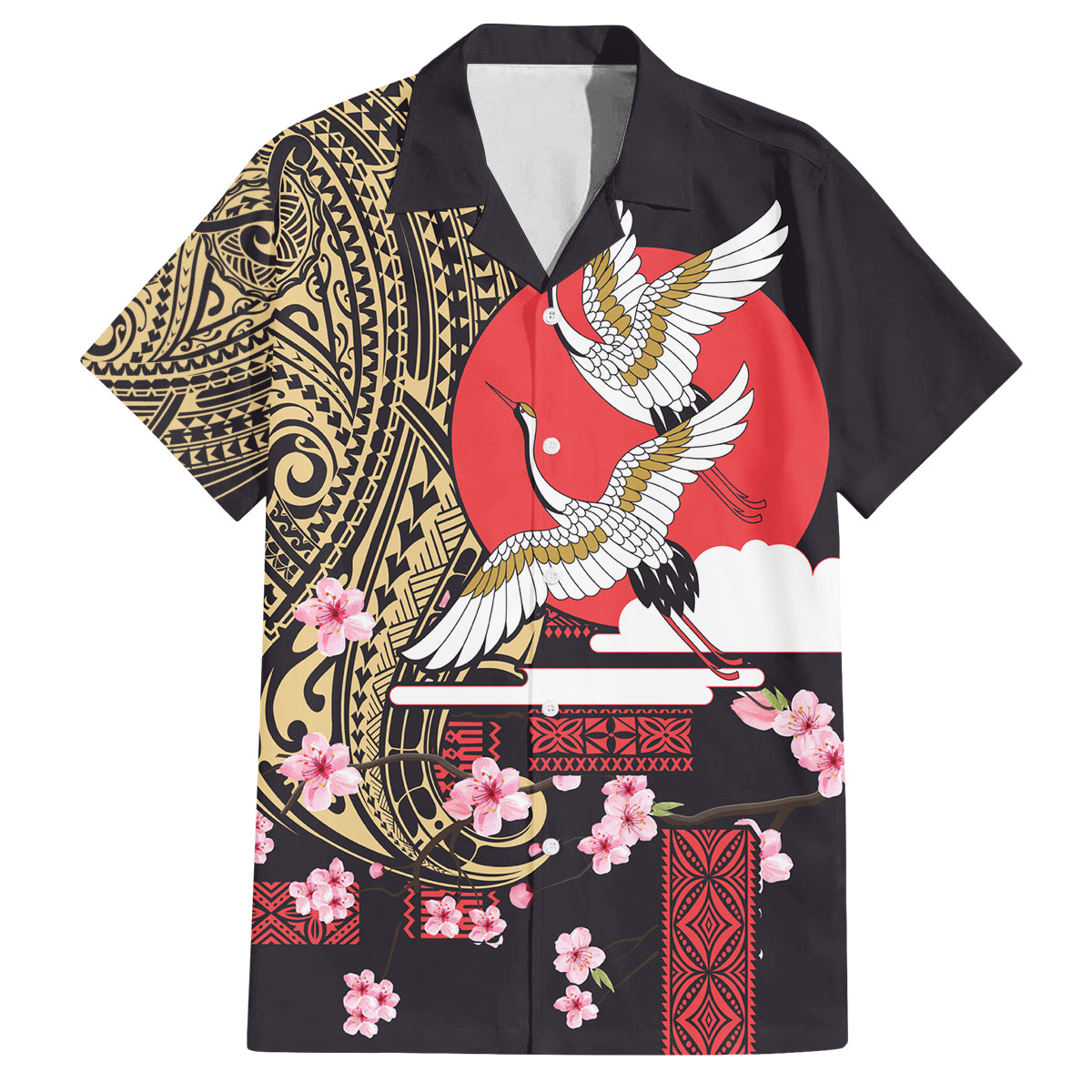 Japanese Culture and Hawaiian Tribal Family Matching Off Shoulder Short Dress and Hawaiian Shirt Sakura Blossom Tapa Pattern