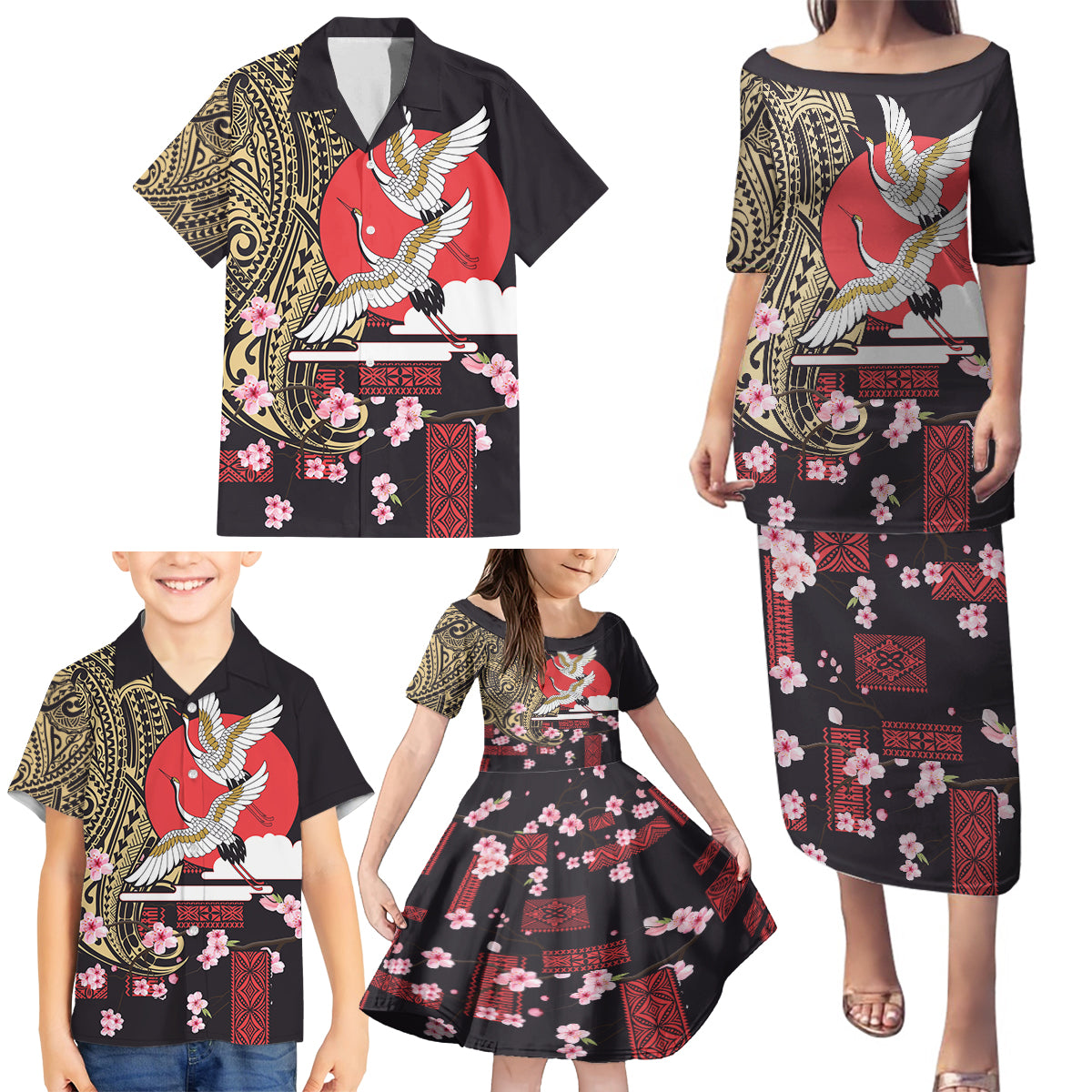 Japanese Culture and Hawaiian Tribal Family Matching Puletasi and Hawaiian Shirt Sakura Blossom Tapa Pattern