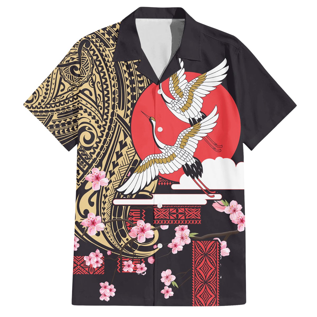 Japanese Culture and Hawaiian Tribal Hawaiian Shirt Sakura Blossom Tapa Pattern LT03 Black - Polynesian Pride