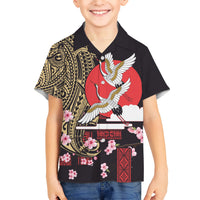 Japanese Culture and Hawaiian Tribal Kid Hawaiian Shirt Sakura Blossom Tapa Pattern LT03 Kid Black - Polynesian Pride