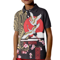 Japanese Culture and Hawaiian Tribal Kid Polo Shirt Sakura Blossom Tapa Pattern
