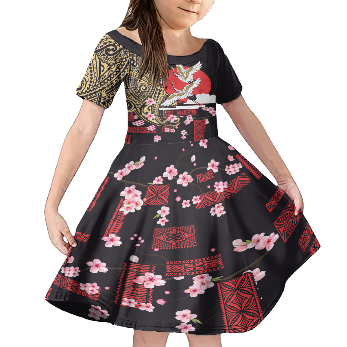 Japanese Culture and Hawaiian Tribal Kid Short Sleeve Dress Sakura Blossom Tapa Pattern LT03 KID Black - Polynesian Pride
