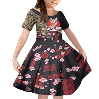 Japanese Culture and Hawaiian Tribal Kid Short Sleeve Dress Sakura Blossom Tapa Pattern LT03 KID Black - Polynesian Pride