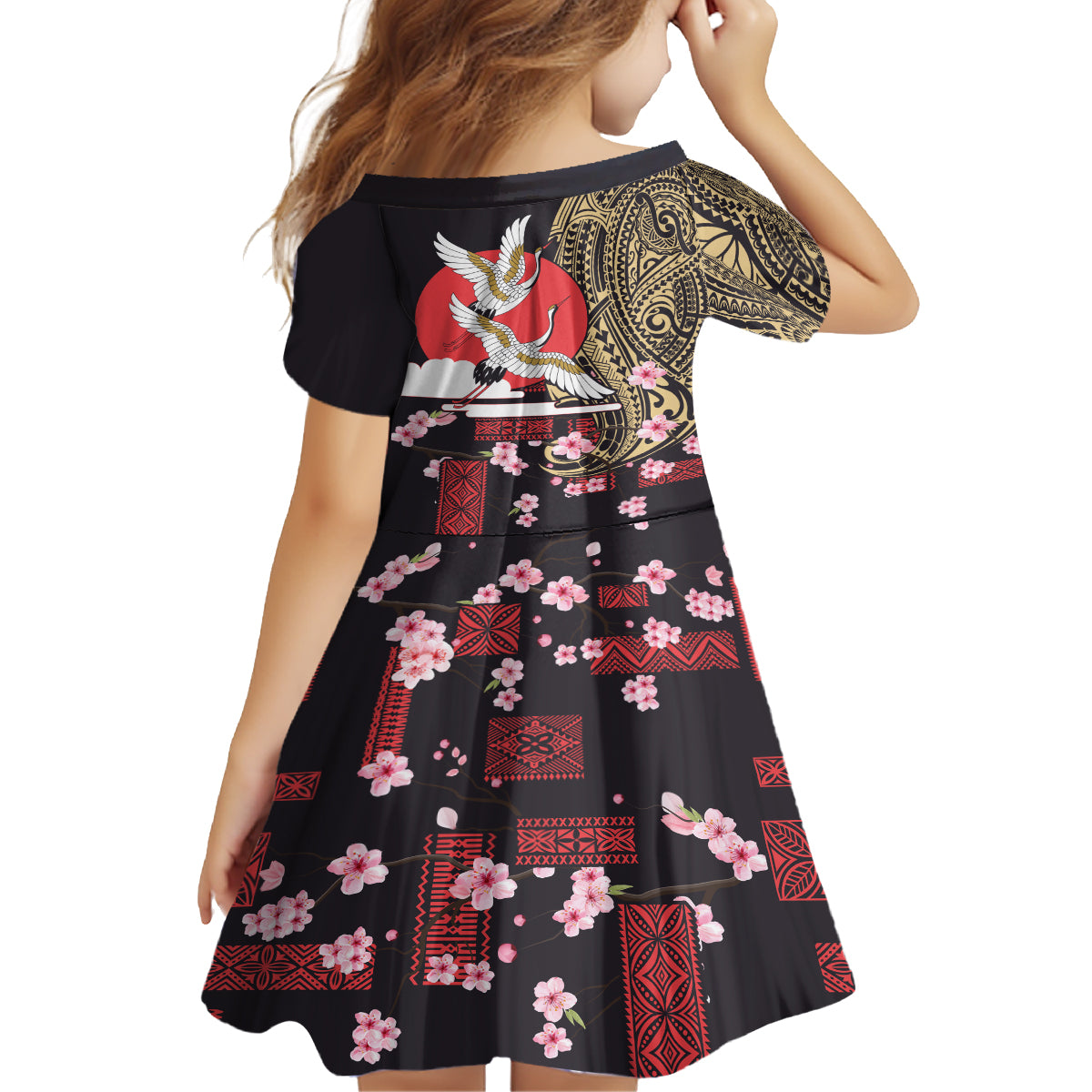 Japanese Culture and Hawaiian Tribal Kid Short Sleeve Dress Sakura Blossom Tapa Pattern LT03 - Polynesian Pride