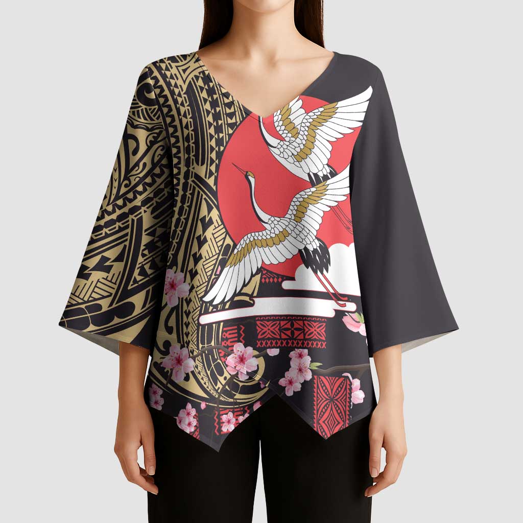 Japanese Culture and Hawaiian Tribal Kimono Sleeve Blouse Sakura Blossom Tapa Pattern - Polynesian Pride