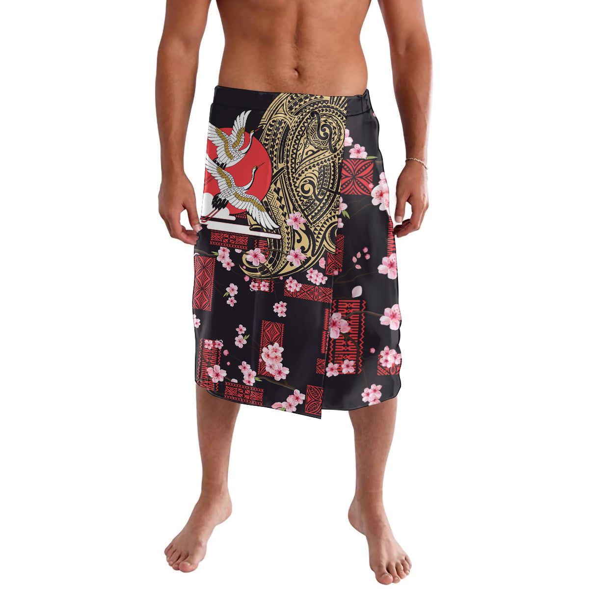 Japanese Culture and Hawaiian Tribal Lavalava Sakura Blossom Tapa Pattern LT03 Black - Polynesian Pride