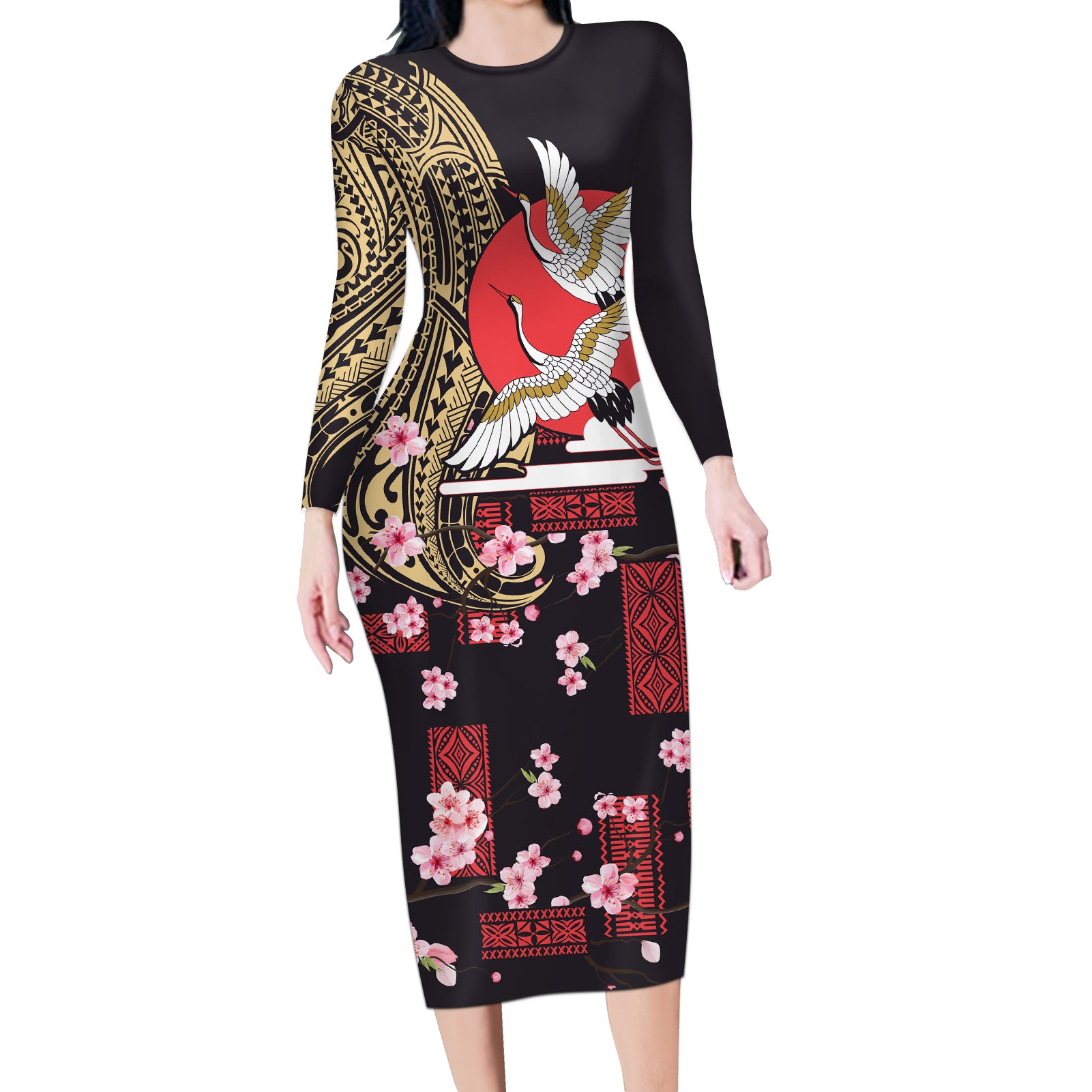 Japanese Culture and Hawaiian Tribal Long Sleeve Bodycon Dress Sakura Blossom Tapa Pattern