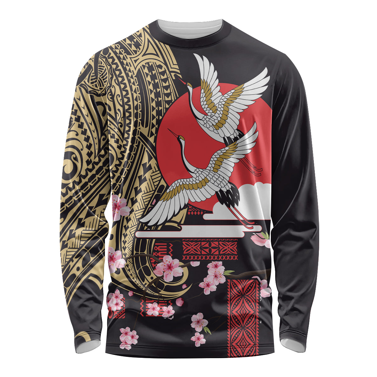 Japanese Culture and Hawaiian Tribal Long Sleeve Shirt Sakura Blossom Tapa Pattern