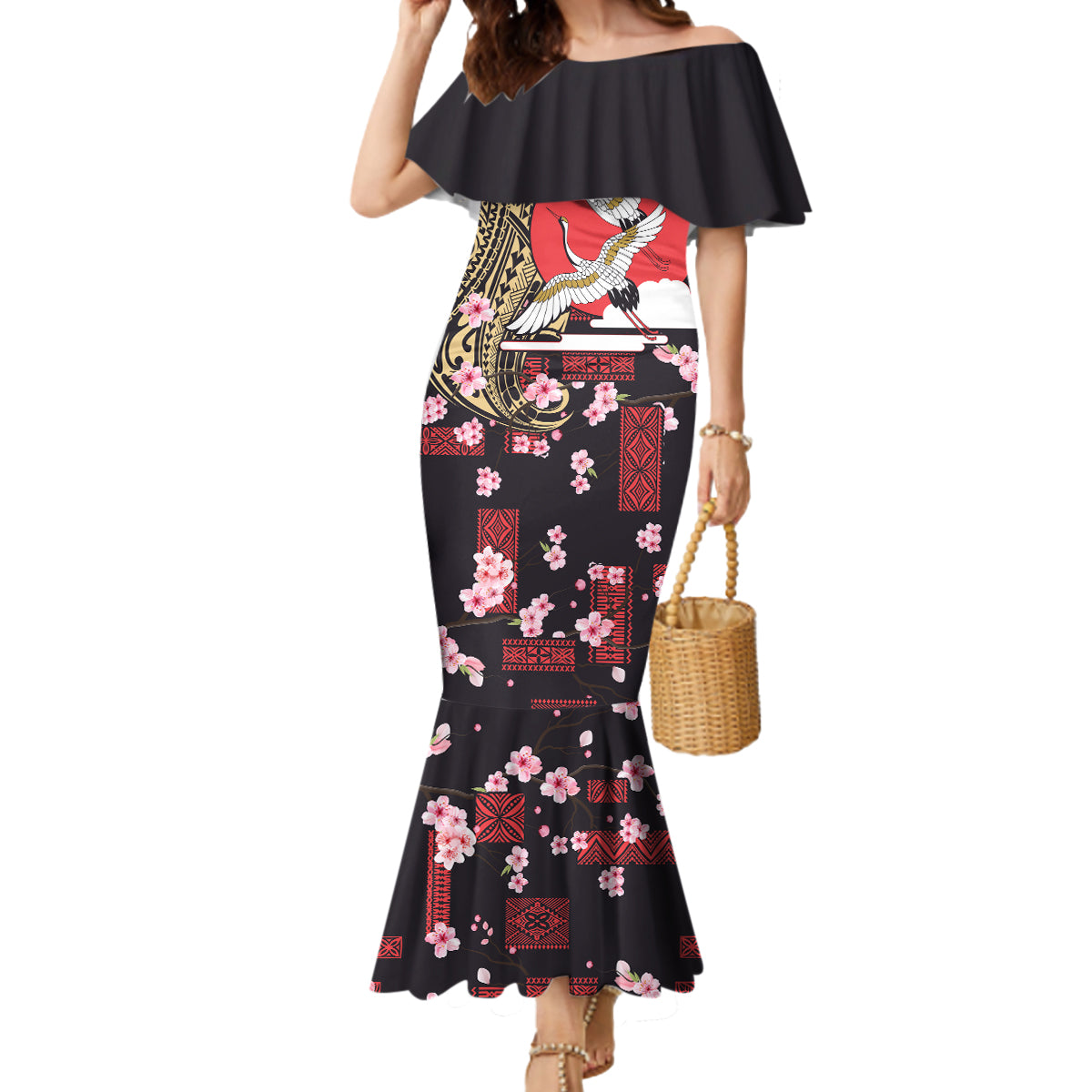 Japanese Culture and Hawaiian Tribal Mermaid Dress Sakura Blossom Tapa Pattern