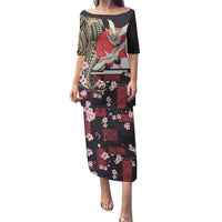 Japanese Culture and Hawaiian Tribal Puletasi Sakura Blossom Tapa Pattern LT03 Long Dress Black - Polynesian Pride