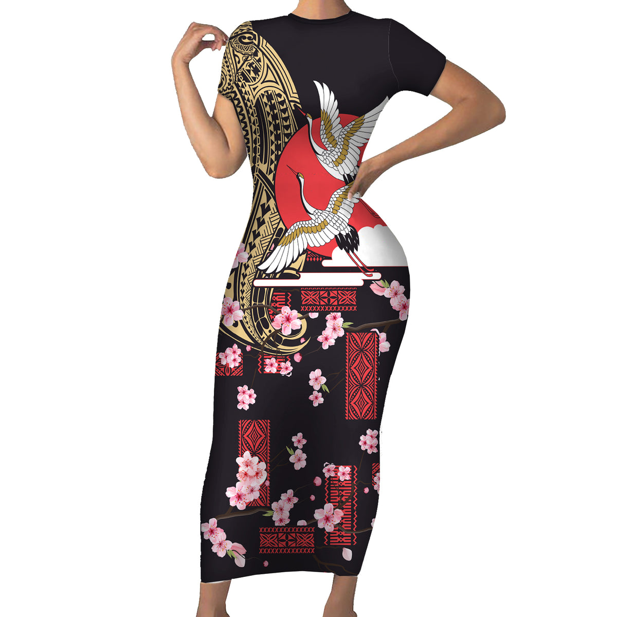 Japanese Culture and Hawaiian Tribal Short Sleeve Bodycon Dress Sakura Blossom Tapa Pattern