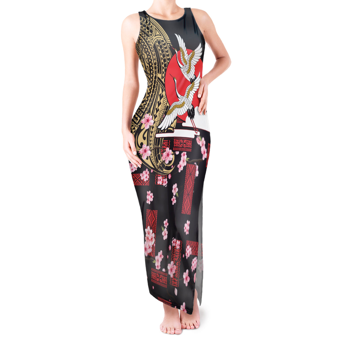 Japanese Culture and Hawaiian Tribal Tank Maxi Dress Sakura Blossom Tapa Pattern