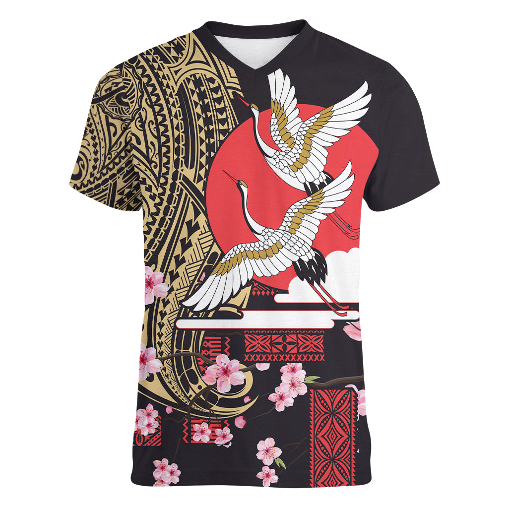 Japanese Culture and Hawaiian Tribal Women V-Neck T-Shirt Sakura Blossom Tapa Pattern