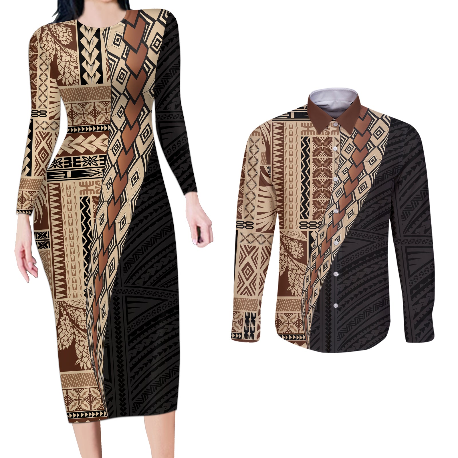 Samoa Siapo Motif Half Style Couples Matching Long Sleeve Bodycon Dress and Long Sleeve Button Shirt Brown Version