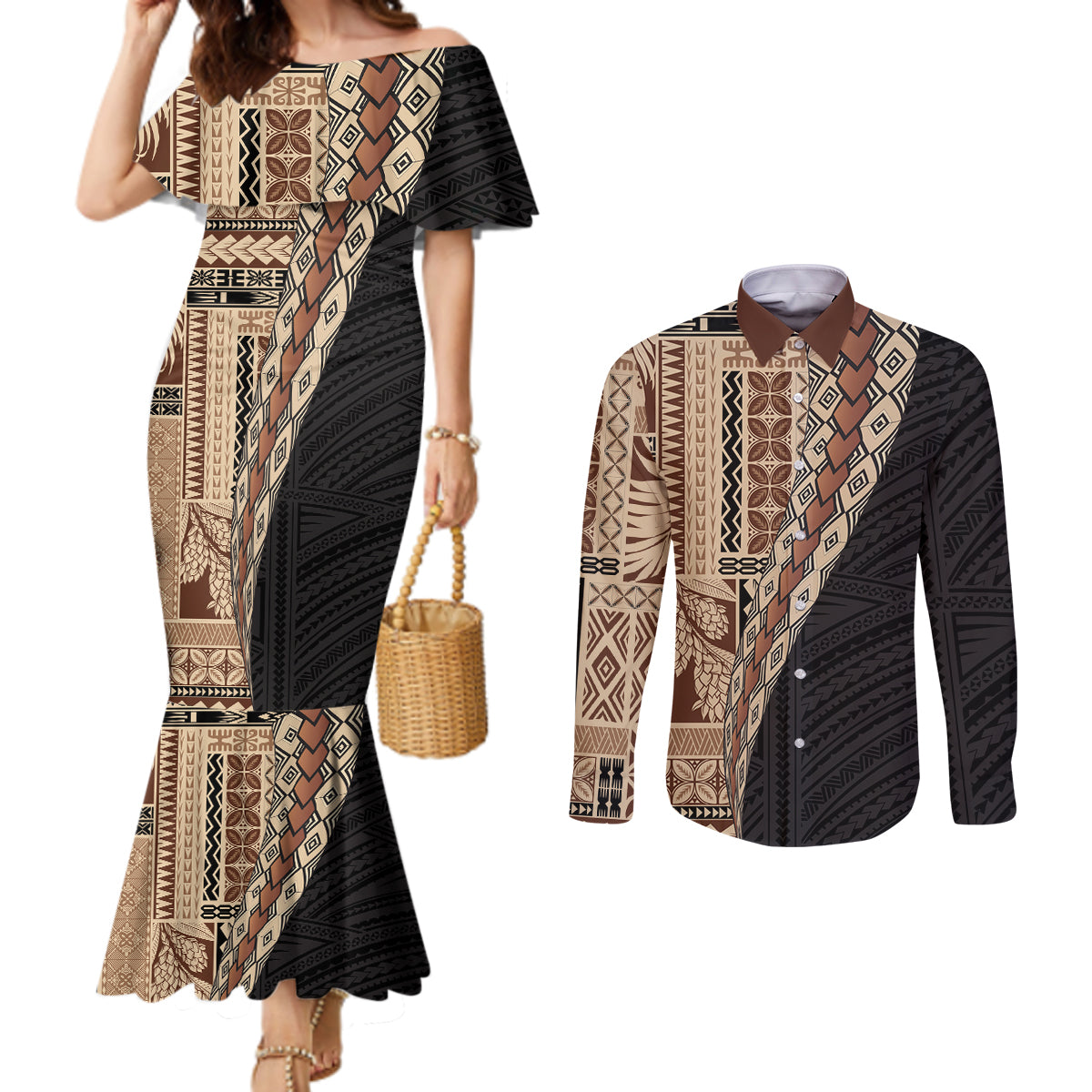 Samoa Siapo Motif Half Style Couples Matching Mermaid Dress and Long Sleeve Button Shirt Brown Version